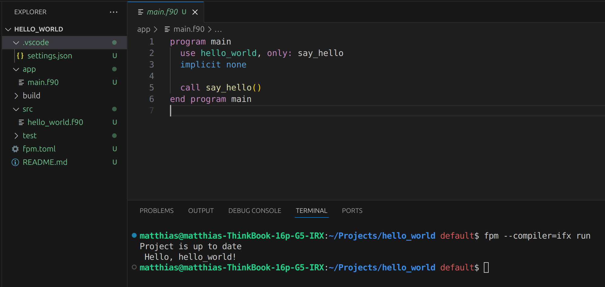 A screenshot from the hello_world project in VS Code